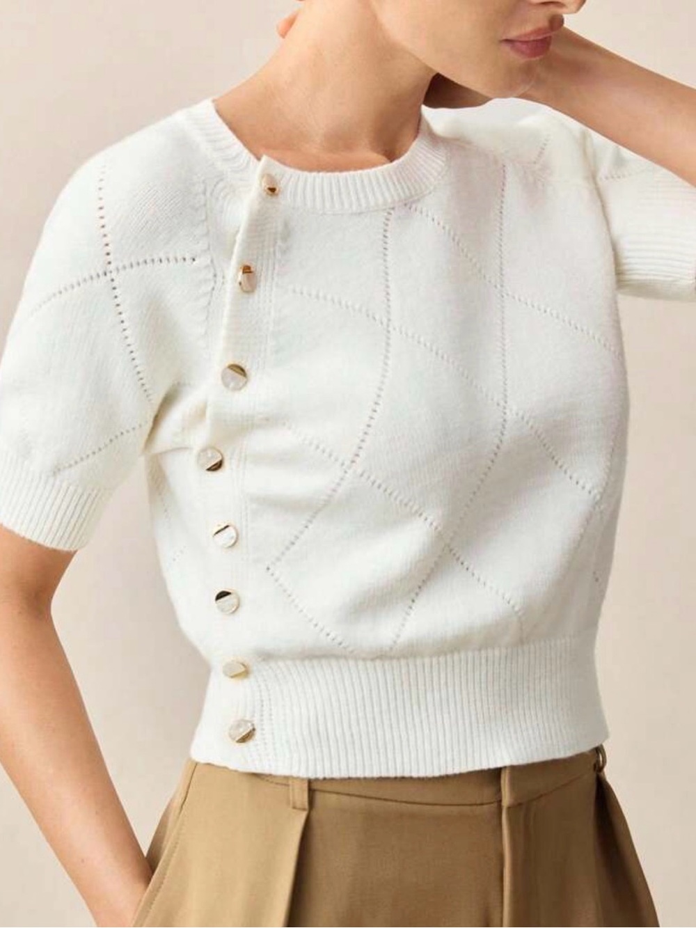 White Short Sleeve Knit Sweater with Side Buttons